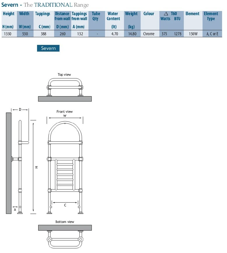 Eastbrook Severn Klassieke Radiator 134x50cm Chroom 375 Watt - Afbeelding 2