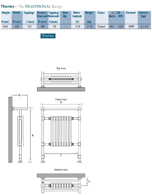 Eastbrook Thames Klassieke Radiator 144,4x63cm Chroom 903 Watt - Afbeelding 2
