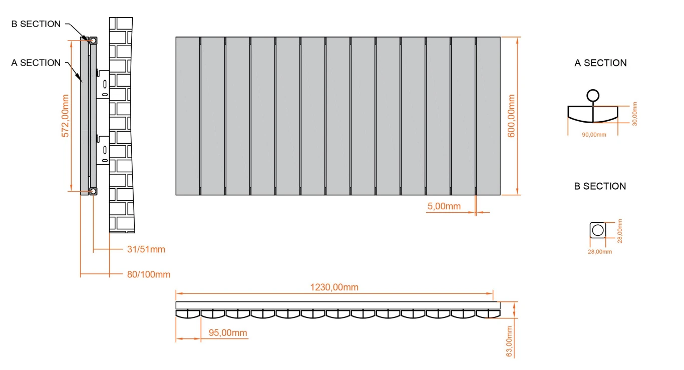 Eastbrook Tordino Radiator 125x60cm Aluminium 1329W Wit Mat - Afbeelding 4