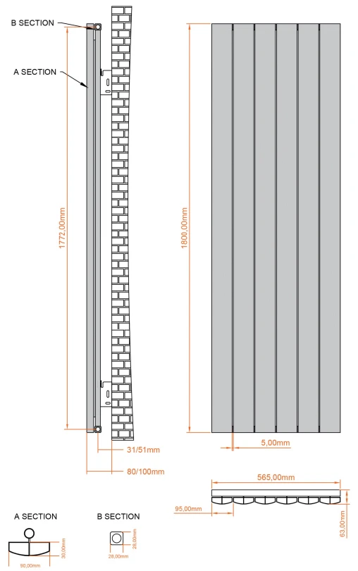 Eastbrook Tordino Radiator 55x180cm Aluminium 1713W Zwart Mat - Afbeelding 4