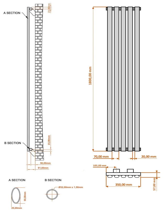 Eastbrook Tunstall Radiator 35x180cm 750W Wit Mat - Afbeelding 4