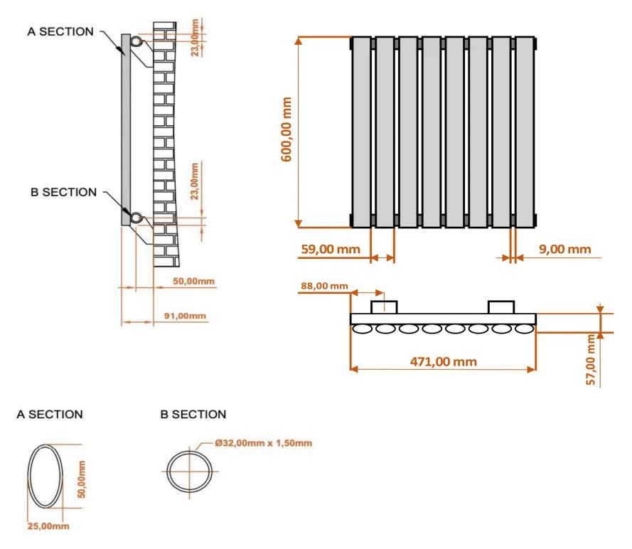 Eastbrook Tunstall Radiator 45x60cm 399W Zwart Mat - Afbeelding 4