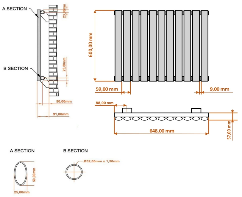 Eastbrook Tunstall Radiator 65x60cm 565W Wit Mat - Afbeelding 4