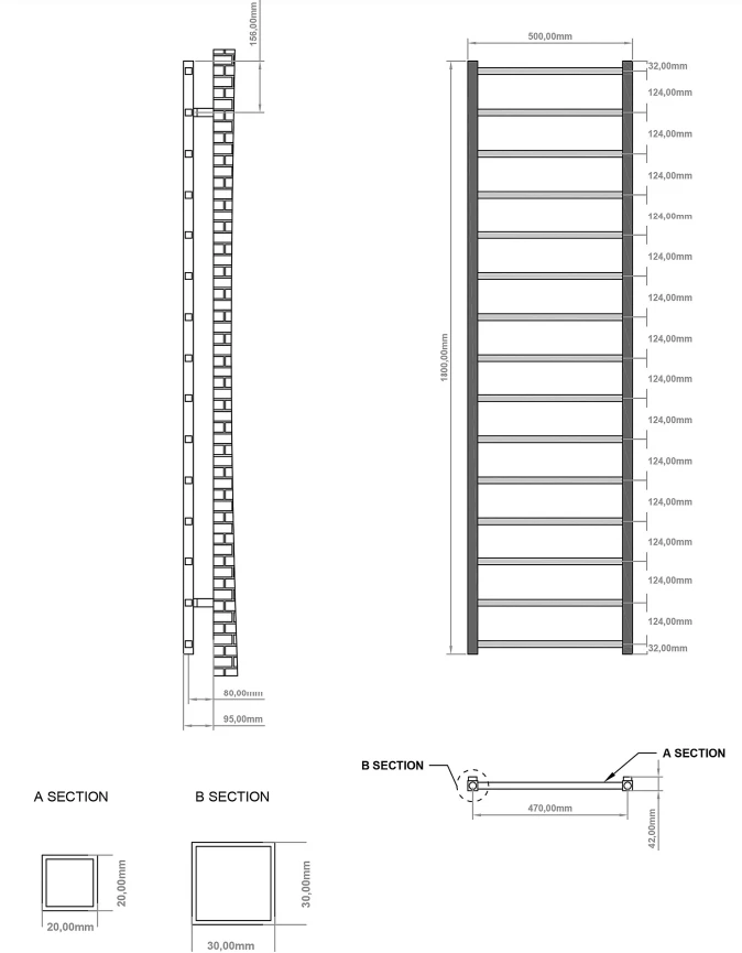 Eastbrook Tuscan Square Handdoekradiator 50x180cm 688W Wit Glans - Afbeelding 4
