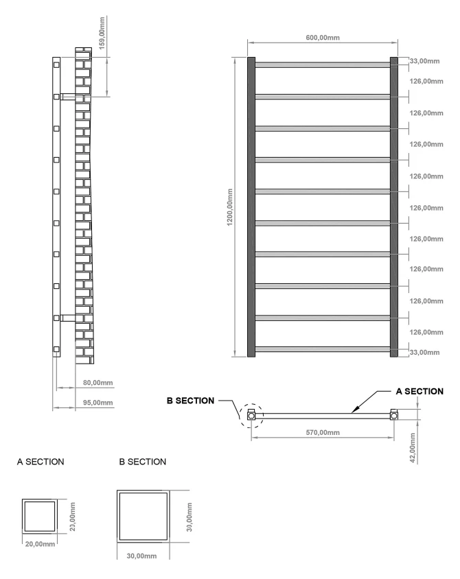 Eastbrook Tuscan Square Handdoekradiator 60x120cm 527W Wit Glans - Afbeelding 4