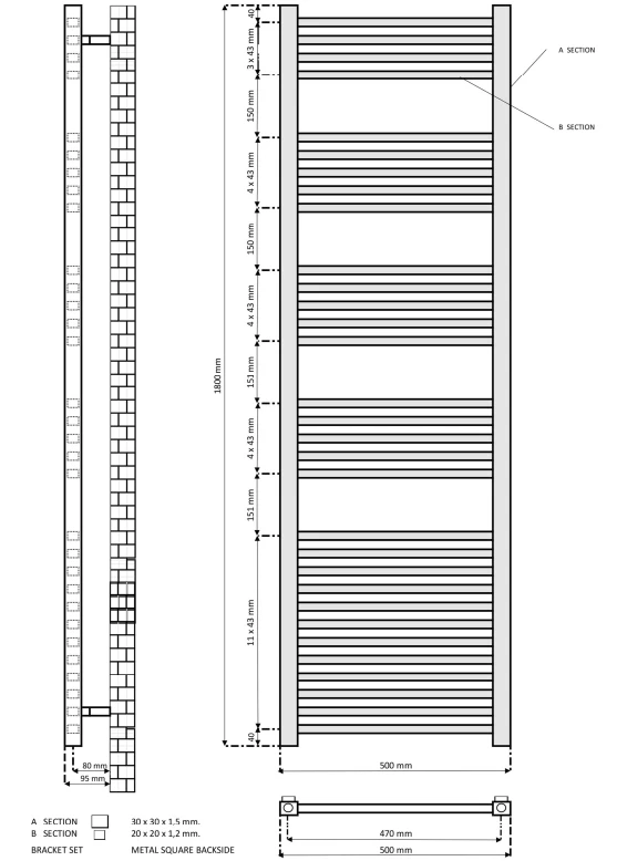 Eastbrook Tuscan Square Multirail Handdoekradiator 50x120cm 980W Antraciet - Afbeelding 4