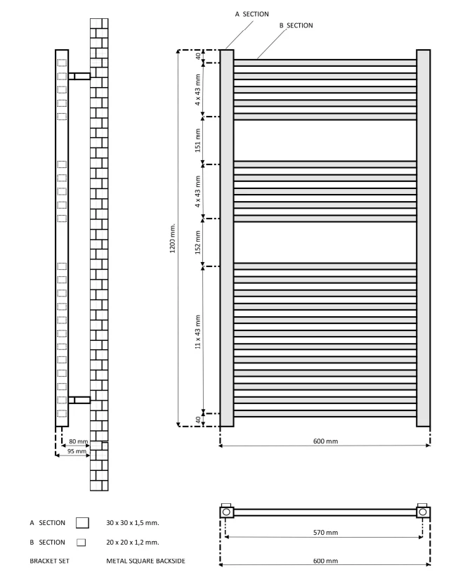 Eastbrook Tuscan Square Multirail Handdoekradiator 60x120cm 775W Zwart Mat - Afbeelding 4
