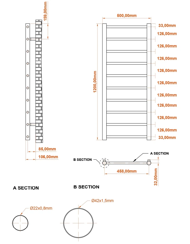 Eastbrook Tuscan Round Handdoekradiator 50x120cm 303W Chroom - Afbeelding 4
