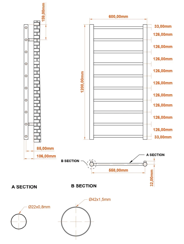 Eastbrook Tuscan Round Handdoekradiator 60x120cm 529W Zwart Mat - Afbeelding 4