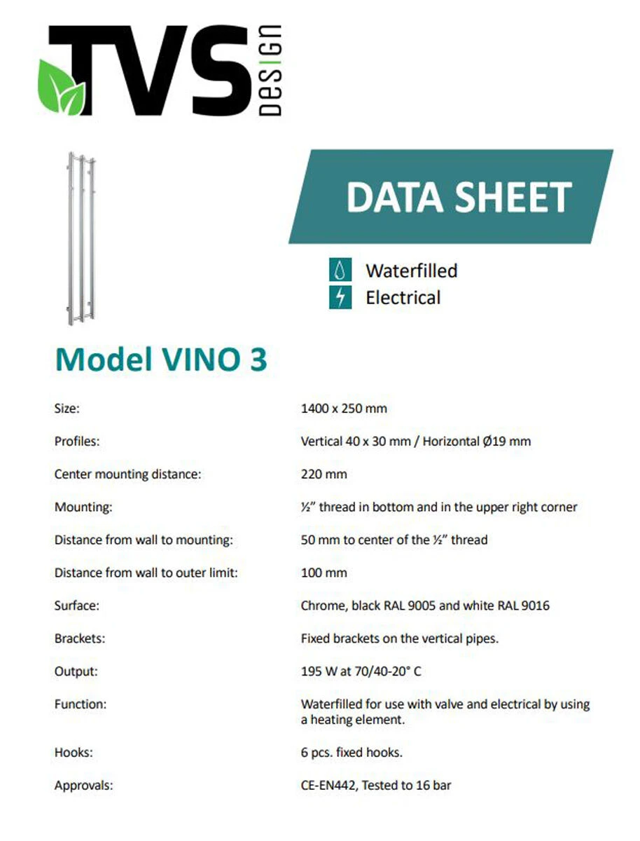 TVS Design Vino 3 Handdoekradiator Wit 195W 140x25cm - Afbeelding 3
