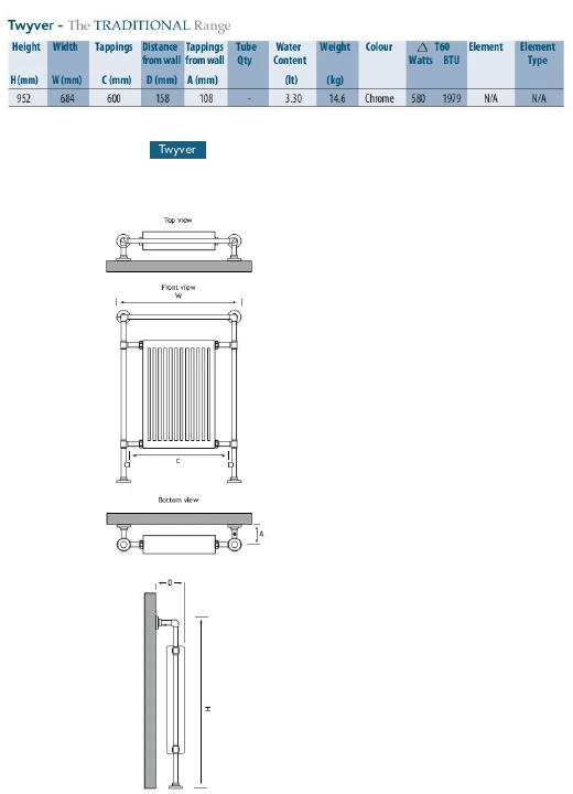 Eastbrook Twyver Klassieke Radiator 95,2x68,5cm Chroom 462 Watt - Afbeelding 2