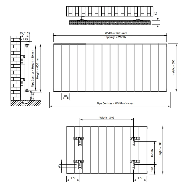 Eastbrook Vesima Radiator 140x60cm Aluminium 1844W Antraciet - Afbeelding 3