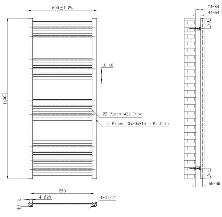 Eastbrook Wendover Handdoekradiator 60x140cm 582W Messing Geborsteld - Afbeelding 4