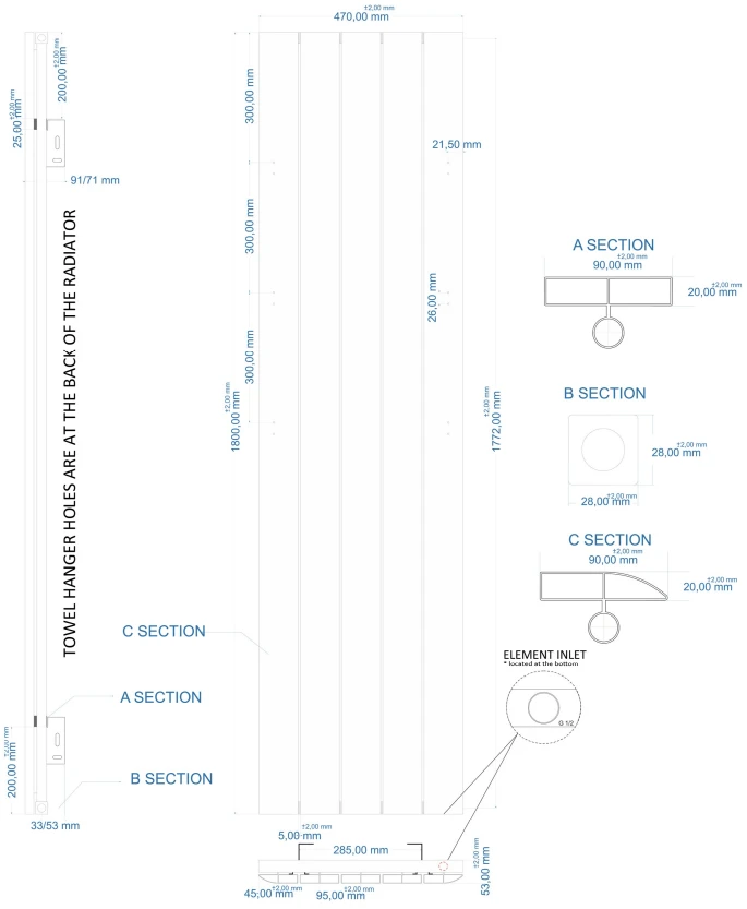 Eastbrook Withington Radiator 45x180cm Aluminium 1338W Blauw - Afbeelding 4