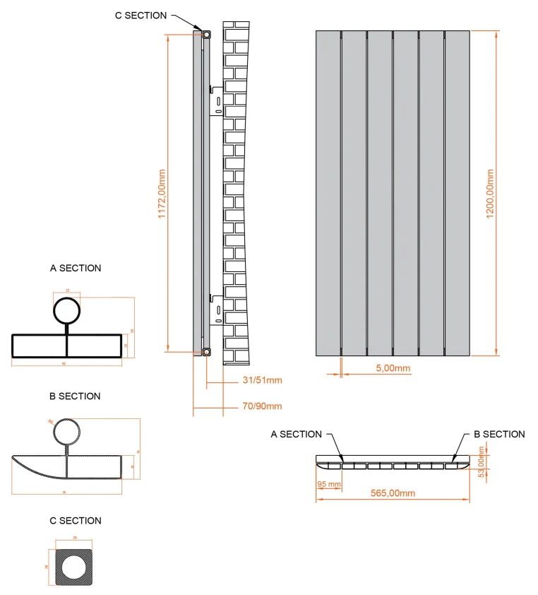 Eastbrook Withington Radiator 55x120cm Aluminium 1101W Antraciet - Afbeelding 4
