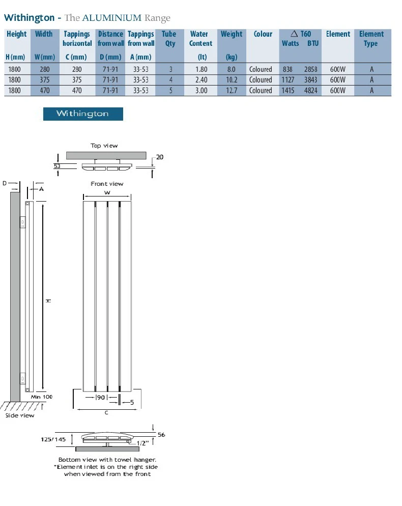 Eastbrook Withington Verticale Aluminium Radiator 180x28cm Mat Wit 838 Watt - Afbeelding 3