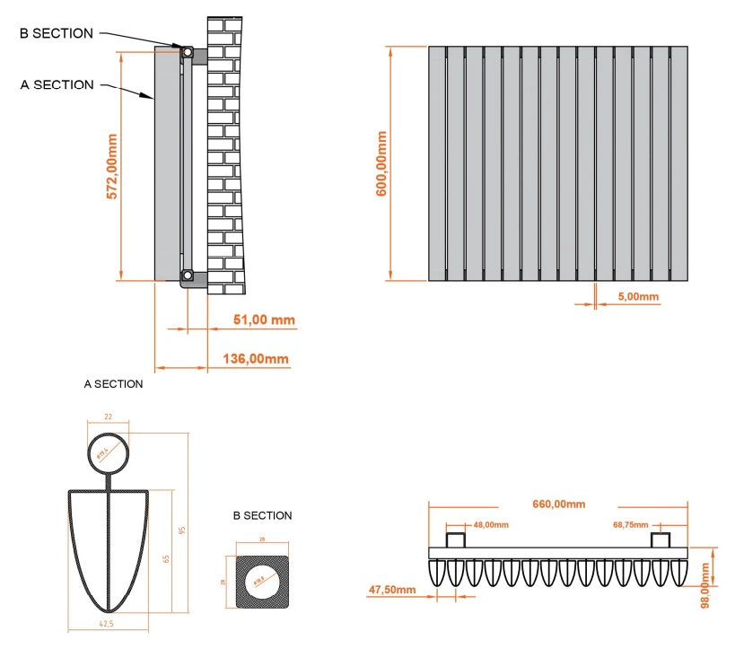 Eastbrook Witney Radiator 65x60cm Aluminium 1132W Wit Mat - Afbeelding 2